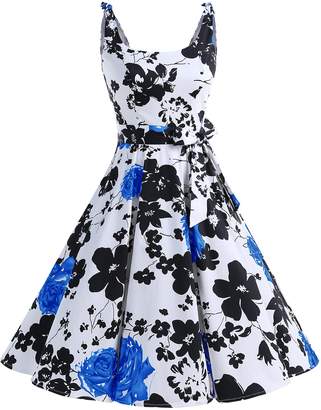 Bbonlinedress Women's 1950's Vintage Retro Bowknot Polka Dot Rockabilly Swing Dress RoyalBlue S