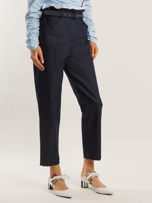 Isa Arfen Gathered-waist Cropped Cotton-blend Trousers - Womens - Navy