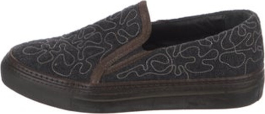 Brunello Cucinelli Wool Slip-On Sneakers Grey Monili Leather & Beaded Accents Round-Toes Platform Designer