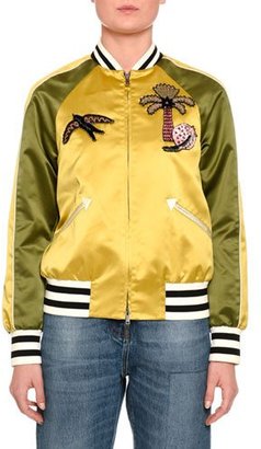 Valentino Embroidered Bicolor Bomber Jacket, Gold