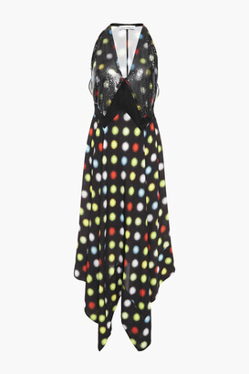 Paco Rabanne Asymmetric Polka-dot Chainmail-paneled Crepe Midi Dress