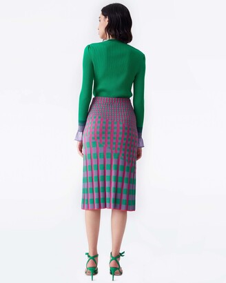 Diane von Furstenberg Rosa Ribbed Knit Fitted Skirt in Pink Green Gingham