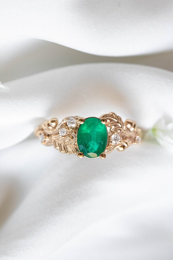Etsy Emerald Engagement Ring Oak Leaf & Acorn Forest Wedding Ring