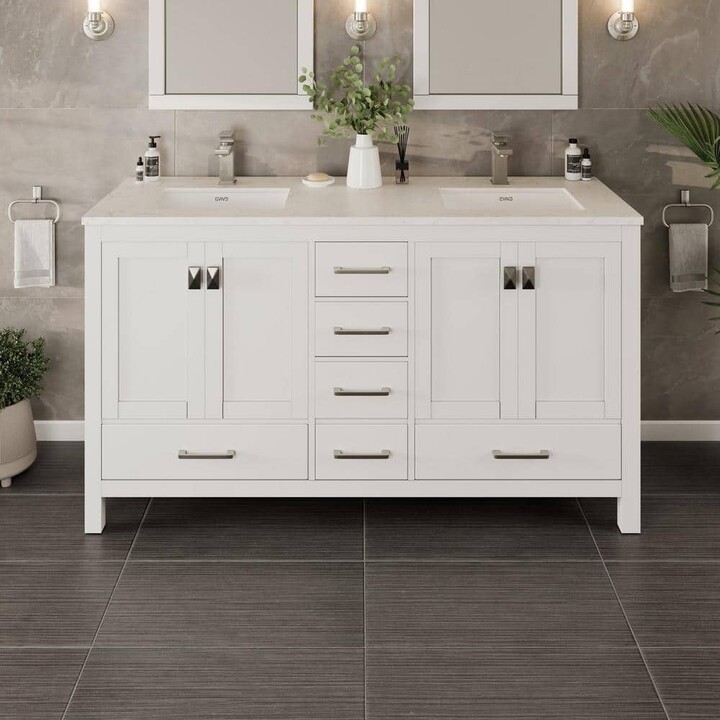 Eviva London 60 in. Double Sink White Bath Vanity with White Carrara Quartz Top (Assembled)