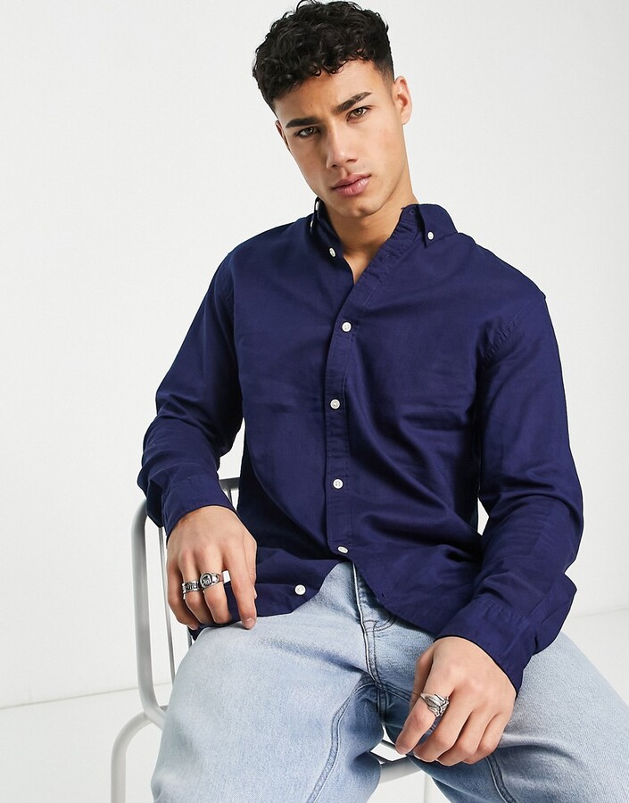 Jack and Jones long sleeve oxford shirt in navy - ShopStyle