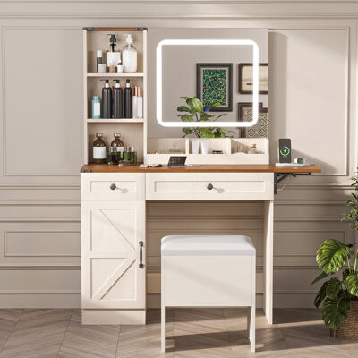 Vanity Desk with Mirror, chair, Makeup Table Set with 3 LED Light Modes