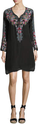 Johnny Was Tanyah Tie-Neck Embroidered Dress w/ Slip