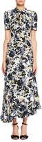 Erdem Twist-Neck Floral-Print Silk Faille Long Dress with Asymmetric Frills