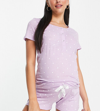 Mama Licious Mamalicious Maternity cotton pyjama shorts set in lilac spot - PURPLE