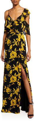 Jay Godfrey Malley Floral-Print Cold Shoulder Asymmetric Ruffle Gown w/ Side Slit