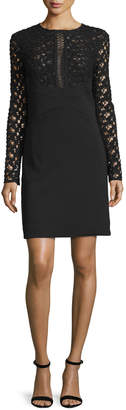 Lela Rose Long-Sleeve Lace-Inset Tunic Dress, Black