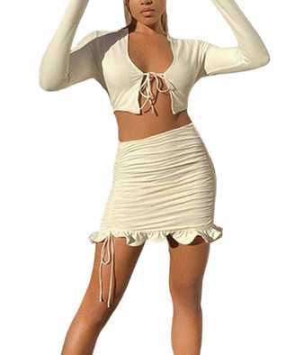 WANGSAURA Womens Long Sleeve Cardigan Mini Skirt Outfit Tie Crop Top and High Waist Bodycon Mini Skirt 2pcs Set Active Sportswear (White M)