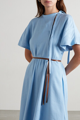Altuzarra Rhodea Belted Leather-trimmed Linen-blend Twill Midi Dress - Sky blue