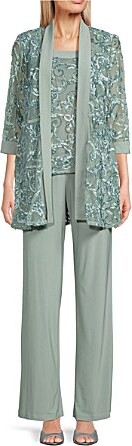 R & M Richards R M Richards Embroidered Soutache Mesh Lace 34 Sleeve Scoop Neck 2-Piece Pant Set