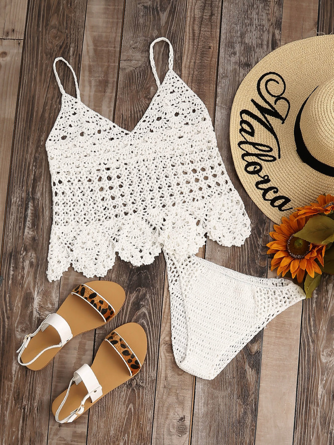 Shein Scalloped Hem Hollow Out Crochet Tankini Set ShopStyle TwoPiece