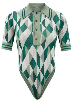 Dodo Bar Or Meg Polo-collar Geometric-jacquard Bodysuit - Green Multi