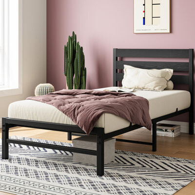 Ebern Designs Rustic Vintage Twin Size Bed. Metal Frame With Wood Headboard, No Box Spring. 10.6" Under Storage. Black. Easy To Install. Supports Up 250lbs Spring N