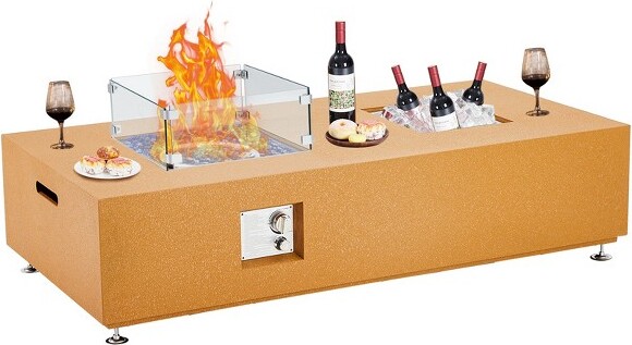 GustoWave56in.3-In-1RectangularPropaneFirePitTablewithStainlessSteelIceBucketGlassWindGuard&RainCoverYellow