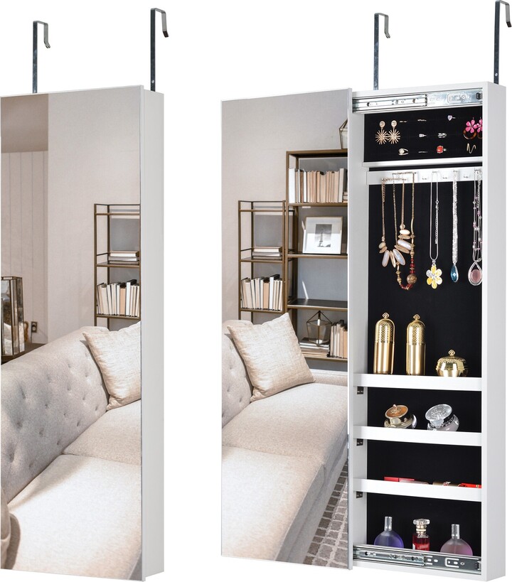 42''H Slide Rail Mirror Key Lock Storage Stand Jewelry Armoire with 22 Hook&2 Cube&4