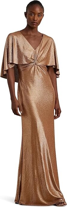 Lauren Ralph Lauren Metallic Knit Twist-Front Cape Gown Women's Dress Rose Gold/Bronze Foil : 8, Elastane/Polyester