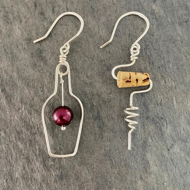 sterling Silver Wine Earrings Bottle & Cork, Real Corkscrew Earrings