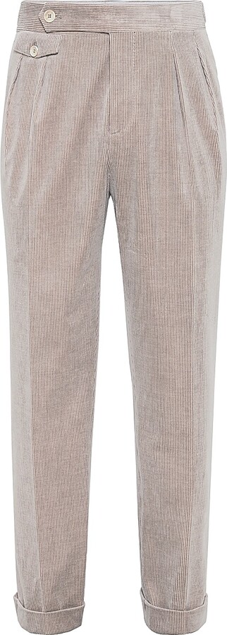 Brunello Cucinelli Men's Corduroy Tailor Fit Trousers with Double Pleats - Bark - Size 36