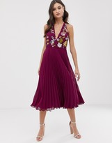 Thumbnail for your product : ASOS Design DESIGN embroidered midi dress with halter neck and pleated skirt-Multi