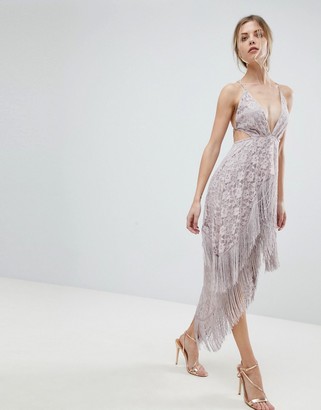 Asos Design ASOS Lace Fringe Cut Away Midi Dress with Strappy Back