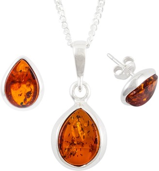 Be-Jewelled Sterling Silver Tear Drop Amber Pendant Necklace And Earrings Gift Set