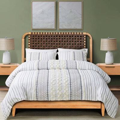 Corrigan Studio Mid - Century Modern Woven Faux Leather Queen Bed With Rounded Corners Solid Wood Veneer On Rails Tapered Legs 5 Slats Designed For Box Spring As