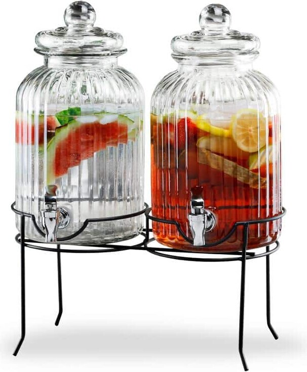 Style Setter Canyon Set of 2- 1.3 Gal.ea., Clear, Ribbed, Cold Beverage Glass Dispenser, w/ Metal Stand & Leak Proof Acrylic Spigot