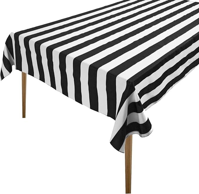lovemyfabric Cotton 2 Inch Black & White Stripes Tablecloth for Wedding/Bridal Shower, Birthdays, Special Events (58"x96")