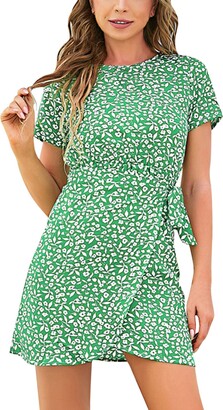 Womens Ladies Plaid Printing O-Neck Short Sleeve Mini Dress Teen Girls Cute Short Dress 