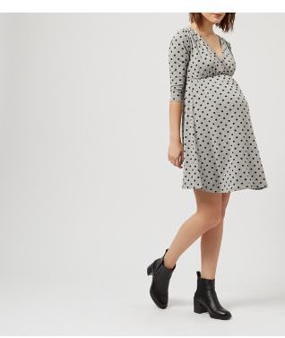 New Look Heavenly Bump Grey 3/4 Sleeve Polka Dot Wrap Dress