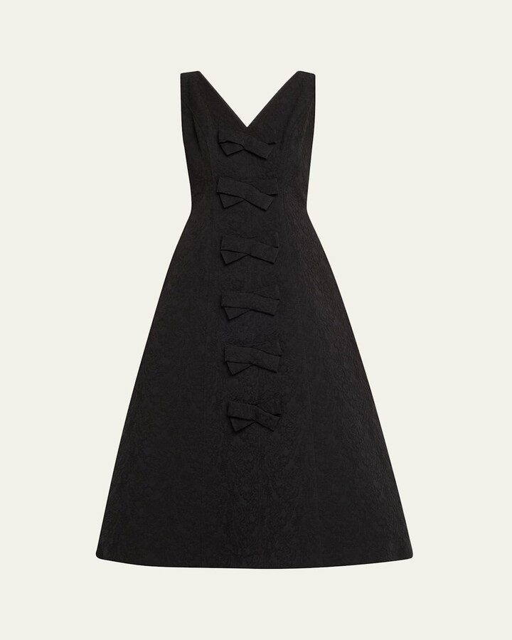 Carolina Herrera V-Neck Bow Floral Brocade Midi Dress