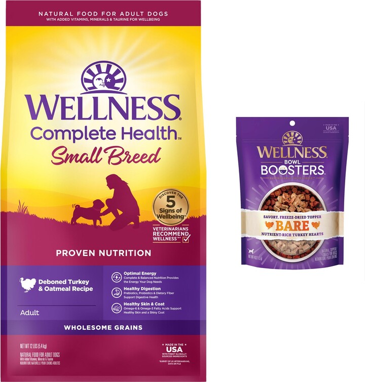 Wellness Small Breed Complete Health Adult Turkey & Oatmeal Recipe Dry Dog Food, 12-lb bag + Wellness CORE Bowl Boosters Bare Turkey Freeze-Dried Dog Food Mixer or Topper, 4-oz bag