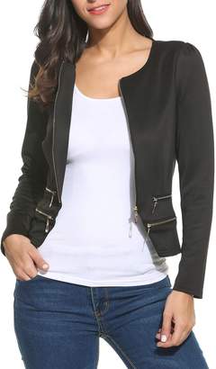 ThinIce Women's Casual Collarless Cardigan Office Blazer Zipper Work Jacket