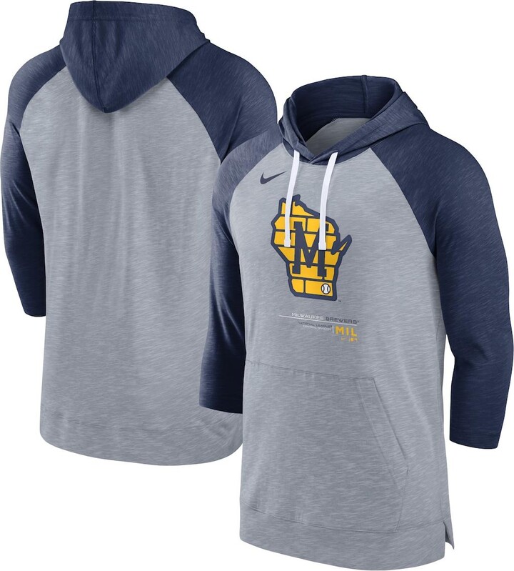 Men's Nike Heather Gray, Heather Navy Milwaukee Brewers Baseball Raglan 3/4 Sleeve Pullover Hoodie - Heather Gray, Heather Navy