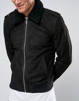 Thumbnail for your product : Selected Leather Flight Jacket With Removeable Borg Collar