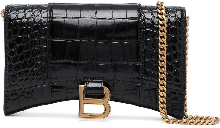 Hourglass Croc Effect Leather Wallet On Chain in Silver - Balenciaga