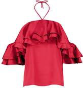 Thumbnail for your product : boohoo Satin Halter Ruffle Cold Shoulder Top