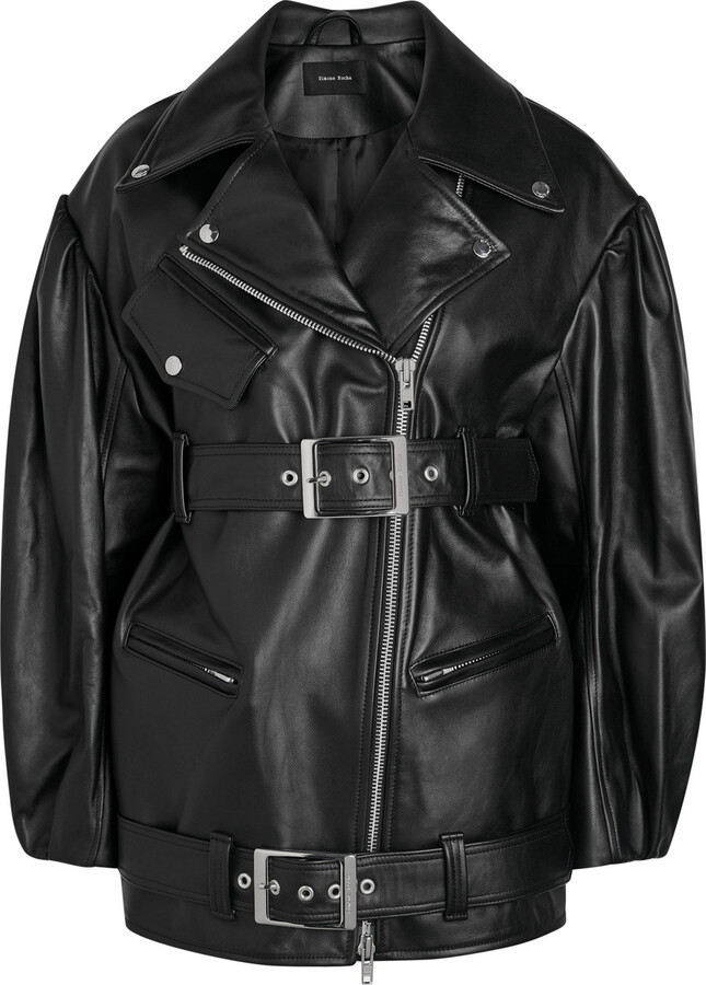 【Simone Rocha】LEATHERフリル ディテール バイカージャケット Simone Rocha Cropped Ruffled Leather Biker Jacket - Black - ShopStyle