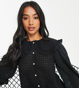 Miss Selfridge Petite textured collar blouse in black check - ShopStyle Tops