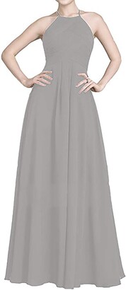 YULUOSHA Halter Neck Bridesmaid Dresses Chiffon A Line Prom Dress with Ruffle Formal Evening Gowns Maxi uk-12-Burgundy
