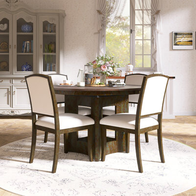 One Allium Way 5-Piece Farmhouse Extendable Round Dining Table Set