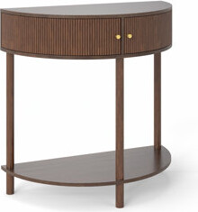 Unique Half Moon Design End Table with Sliding Rattan Door, Perfect for Vintage Charm and Practical Storage