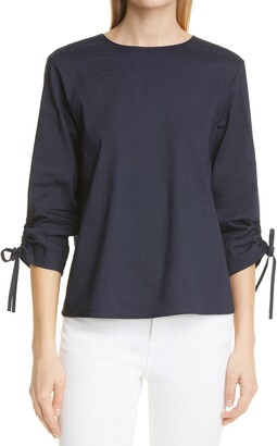 Theory Ruched Tie Sleeve Linen Blend Blouse