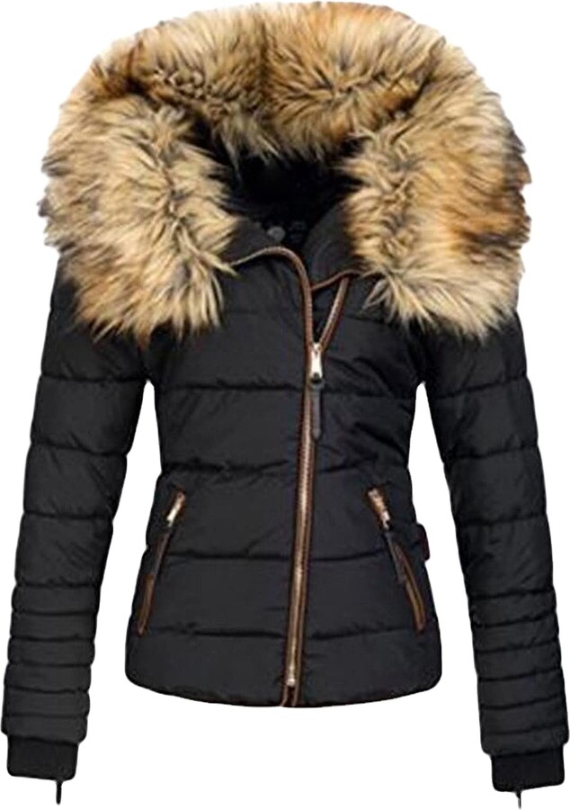 Generic Women's Warm Winter Coat Outerwear Short Winter Full Zip Thicken  Puffer Jacket Quilted Parka with Faux Fur Collar - ShopStyle