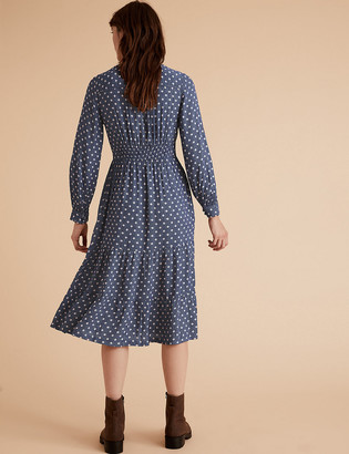 Marks and Spencer Geometric Blouson Sleeve Midi Waisted Dress