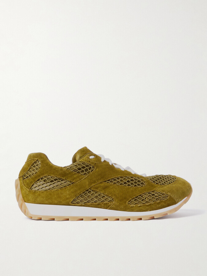 Bottega Veneta Orbit Suede, Leather, Mesh And Fishnet Sneakers - Green